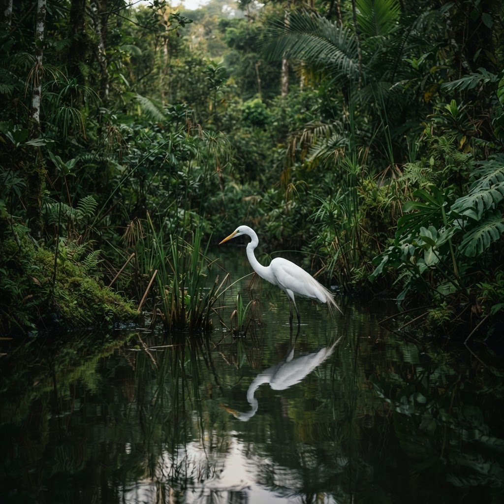 Tropical wetland ecosystem with a wading bird among dense green vegetation