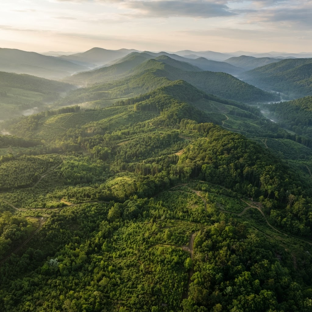 Reforestation landscape with rolling hills of trees in morning mist