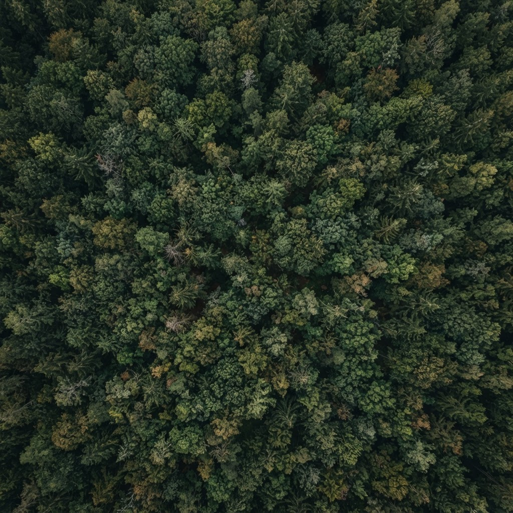 Overhead view of a dense forest canopy