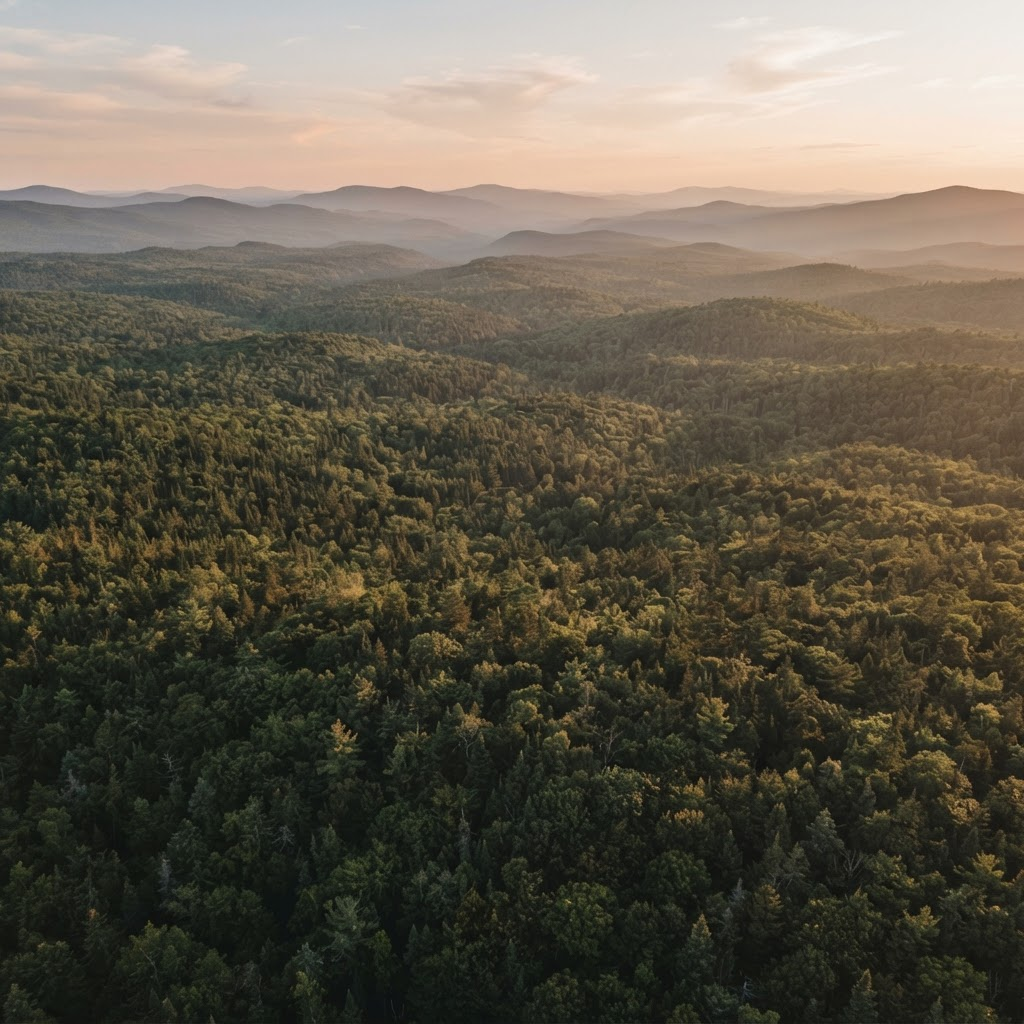 Sweeping aerial view of an endless dense forest at golden hour
