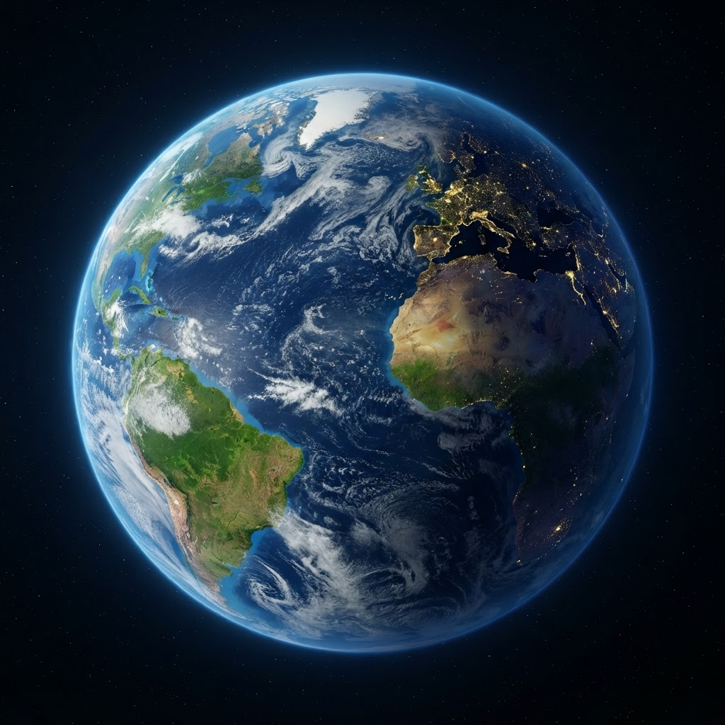 Photorealistic view of planet Earth from space showing green landmasses and oceans
