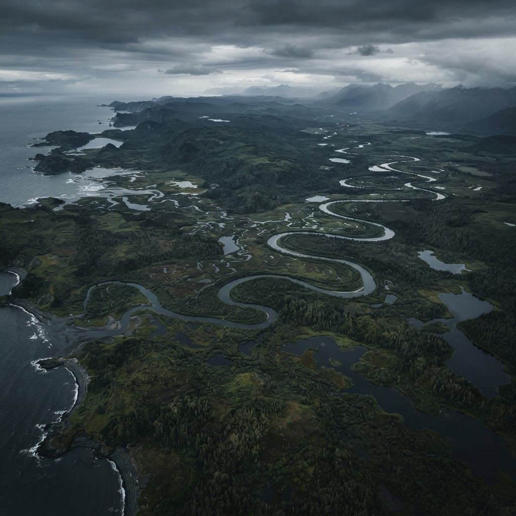 Broad satellite view of a landscape from above showing forest, rivers and terrain
